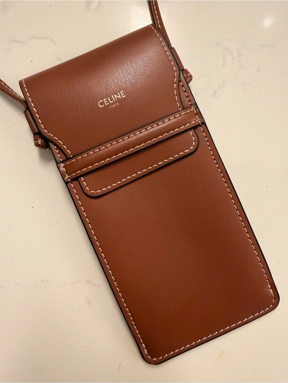 Celine Calfskin Leather Phone Pouch Tan with Flap